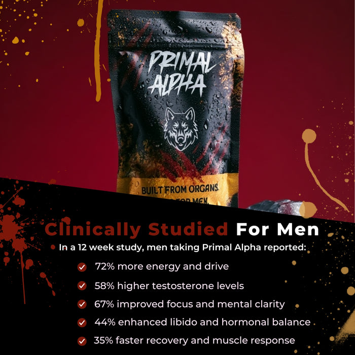 Primal Alpha beef organ supplement for men with clinically studied benefits including increased energy, testosterone support and mental focus
