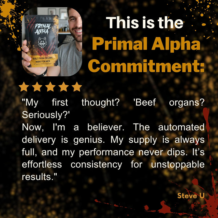 Customer review of Primal Alpha beef organ supplement for men highlighting consistent daily use and subscription delivery