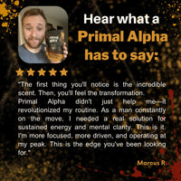 Customer testimonial for Primal Alpha beef organ supplement for men highlighting energy and focus benefits