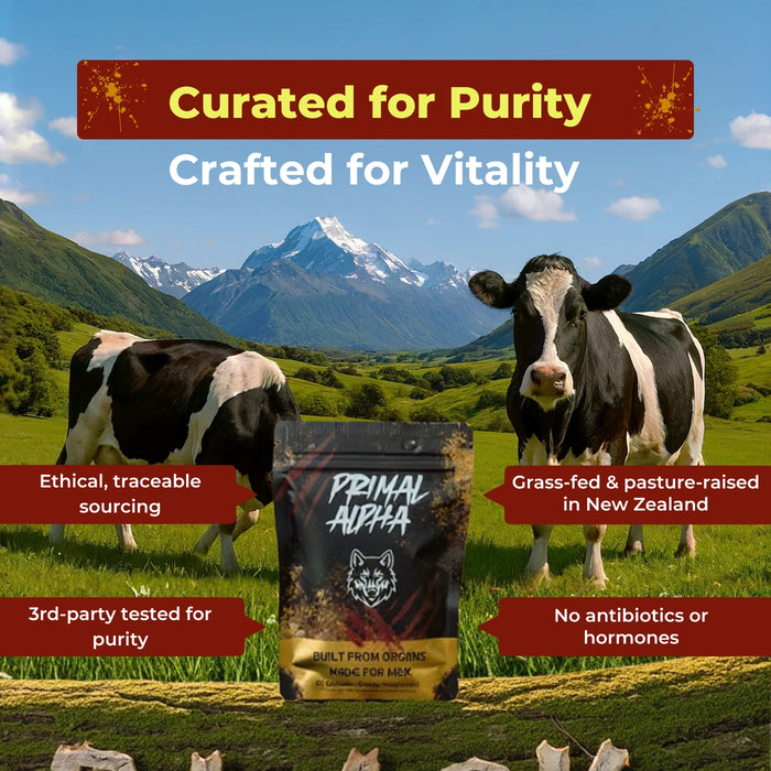 Primal Alpha grass-fed beef organ supplement sourced from pasture-raised cattle in New Zealand with third-party tested purity