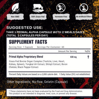 Primal Alpha beef organ supplement supplement facts panel showing proprietary blend with grass-fed bovine organs, Tongkat Ali, Shilajit and Boron