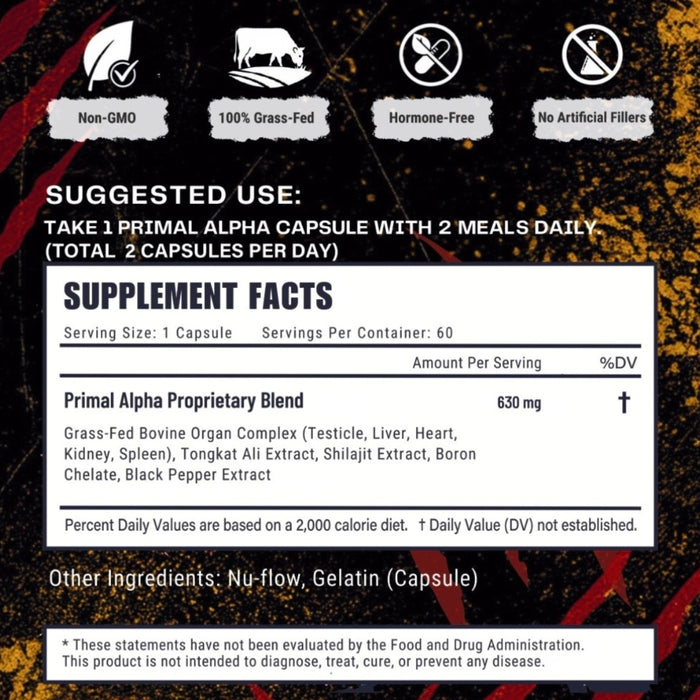 Primal Alpha beef organ supplement supplement facts panel showing proprietary blend with grass-fed bovine organs, Tongkat Ali, Shilajit and Boron