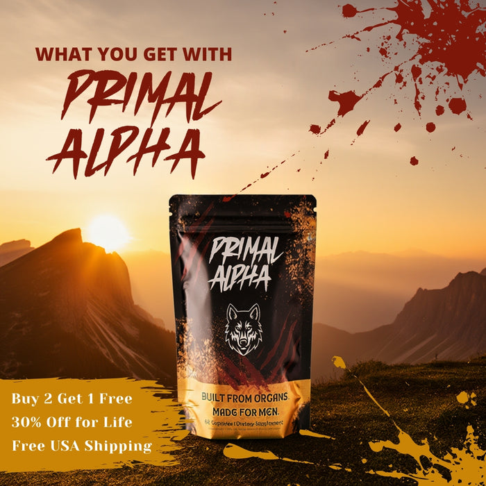 Primal Alpha beef organ supplement for men shown with special bundle offer and free US shipping