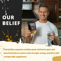 Man holding Primal Alpha beef organ supplement with a glass of water as part of a daily routine for men