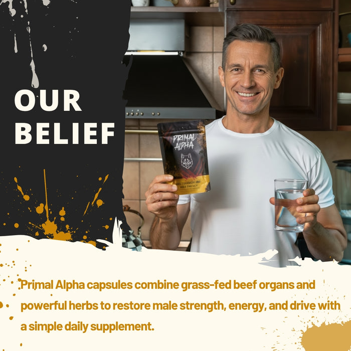 Man holding Primal Alpha beef organ supplement with a glass of water as part of a daily routine for men